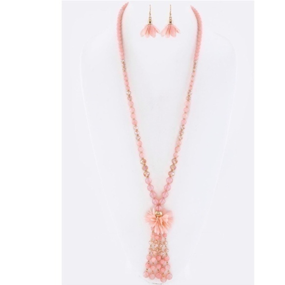 Mix Bead Flower Tassel Long Necklace Set